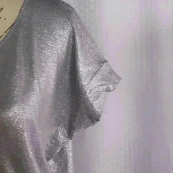 Eileen Fisher Size S 100% Linen silver metallic short sleeve jersey knit top - Picture 4 of 13